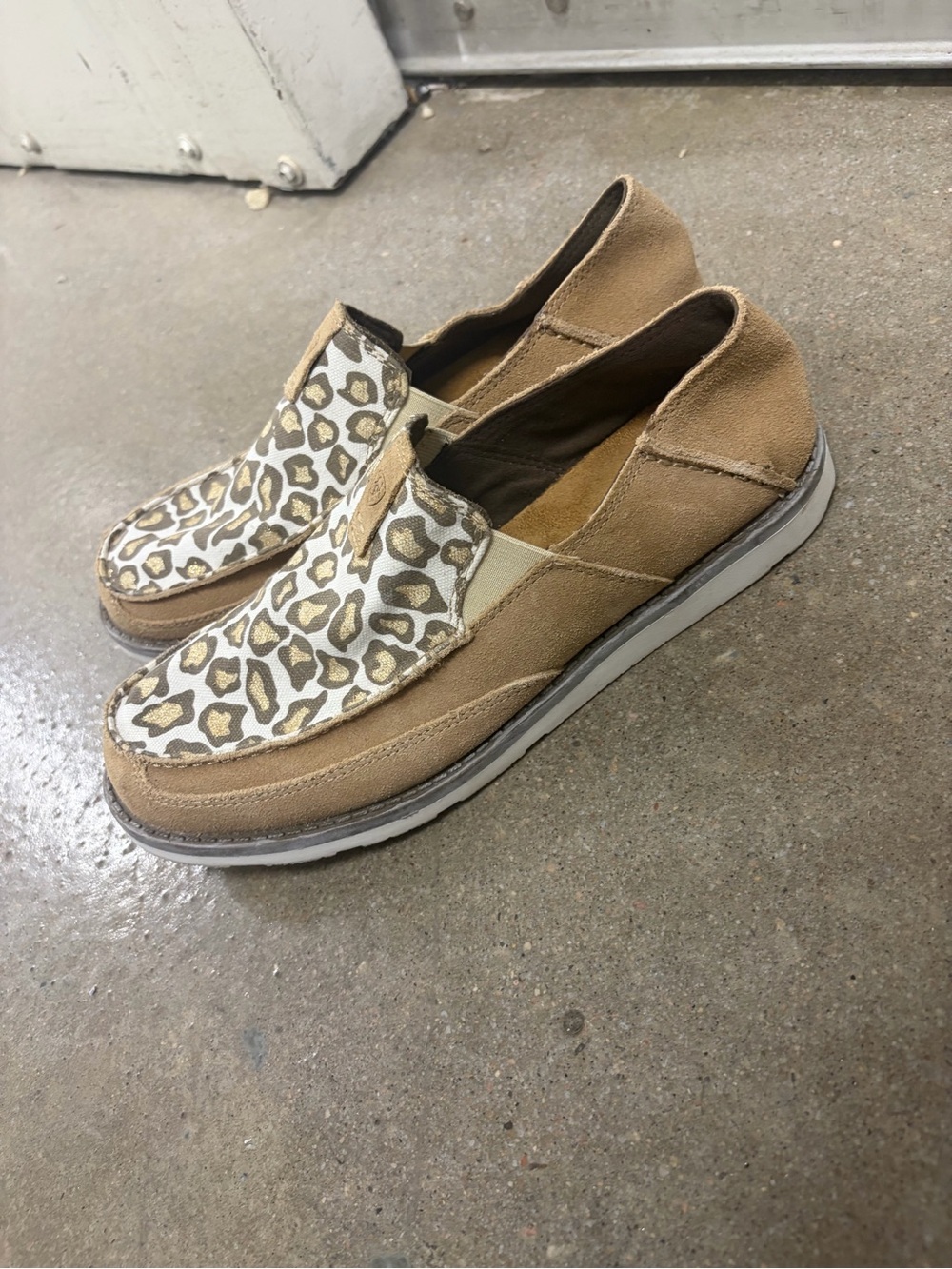 Ariat Tan Suede Slip-On Loafers with Leopard-Print Vamp
